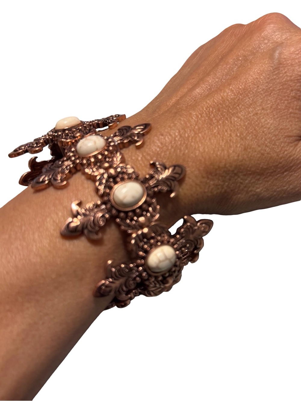 Cooper  Vintage-style filigree panels with white stone cabochons bracelet